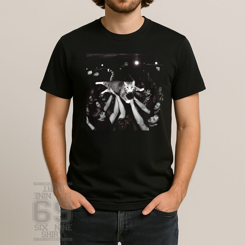 cat crowd surfing funny concert shirt