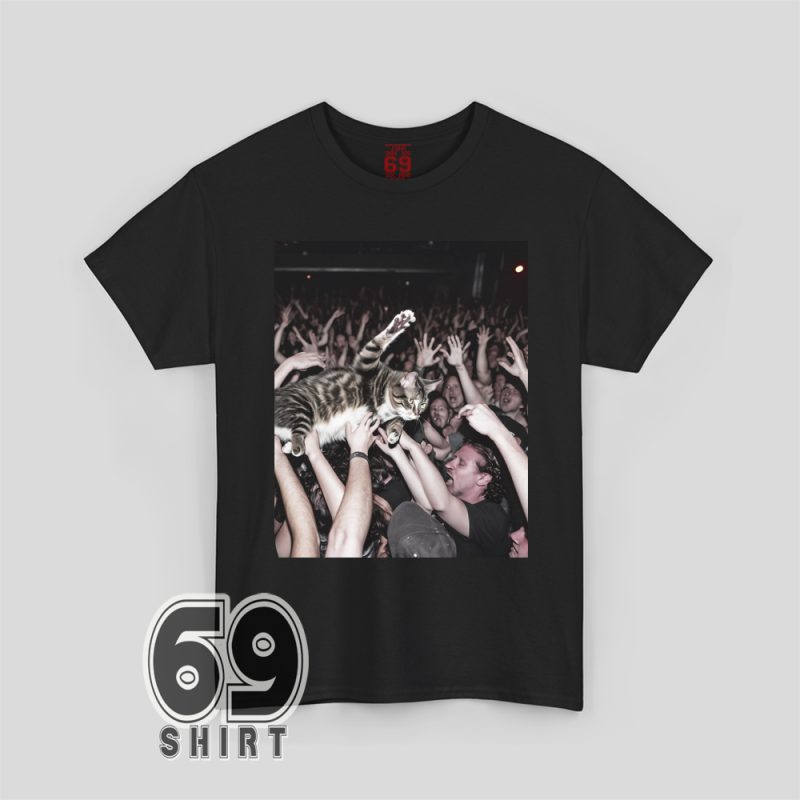 Funny graphic of a cat crowd surfing with paws up at a concert printed on a unisex T-shirt – perfect for cat lovers and music fans
