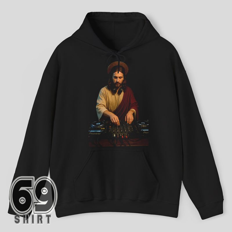 Jesus DJing with halo and headphones on a hoodie – satirical religious streetwear for EDM fans