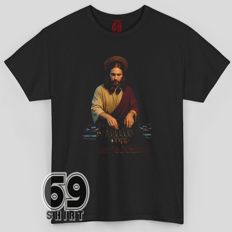 DJ Jesus at turntables graphic printed on a funny rave-themed T-shirt with religious and musical vibes