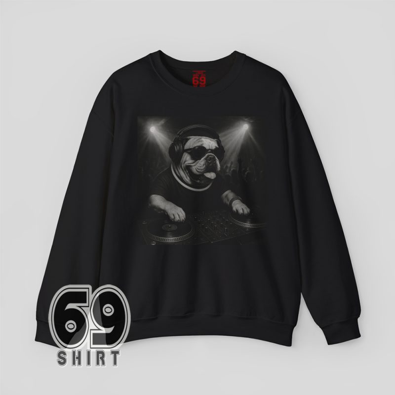 Dog DJ rave design on cozy sweatshirt – humorous music and pet crossover clothing