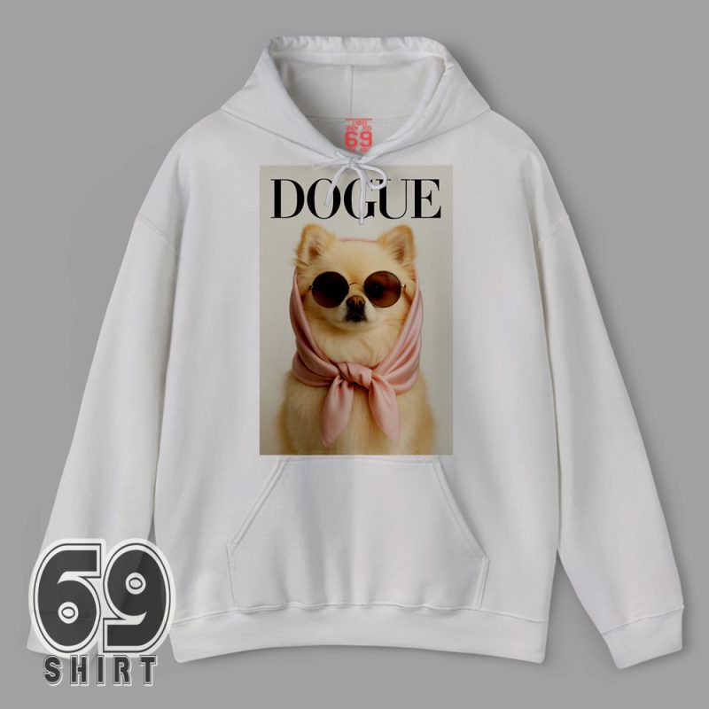 Hoodie featuring a bold Dogue Vogue parody graphic – fashionable dog humor perfect for meme lovers