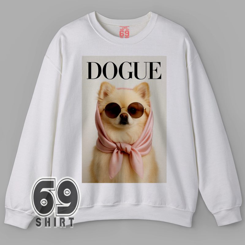 Cozy sweatshirt with a 'Dogue' meme design showing a stylish dog striking a high-fashion pose – humorous pet-themed graphic