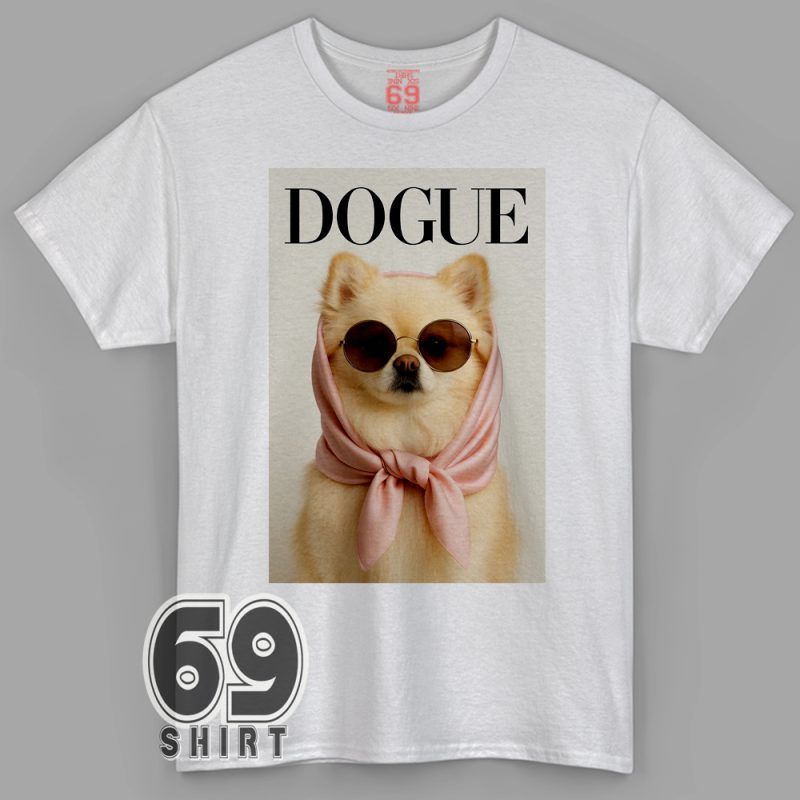 Graphic T-shirt featuring a fashionable dog parodying Vogue magazine with the caption 'Dogue' – funny meme design