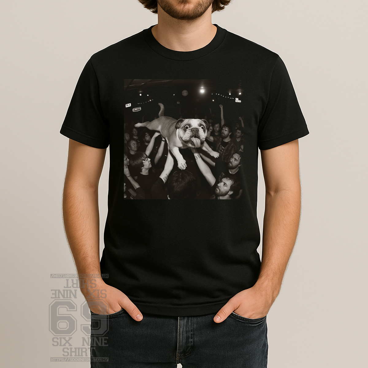Funny Bulldog Crowd Surfing Concert Party T-Shirt Concert Outfit With Dog Crowd Surfing On Stage Printed On Unisex T-Shirt