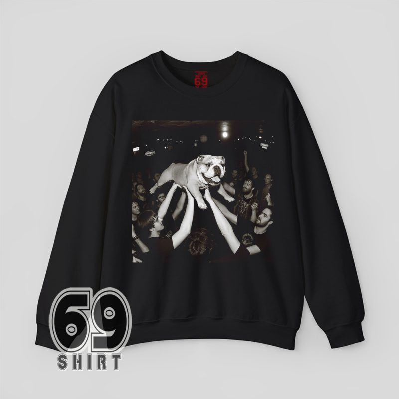 Funny bulldog face crowd surfing at a music concert printed on a T-shirt, hoodie, and sweatshirt for dog lovers and punk rock fans