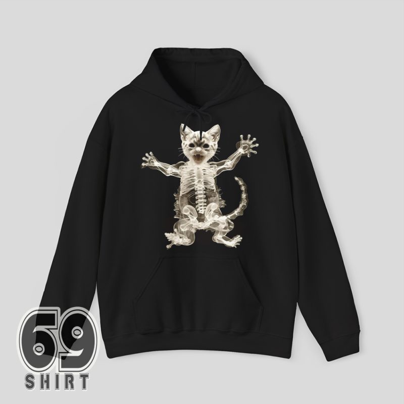 Gothic cat skeleton hoodie with quirky animal design and dark humor