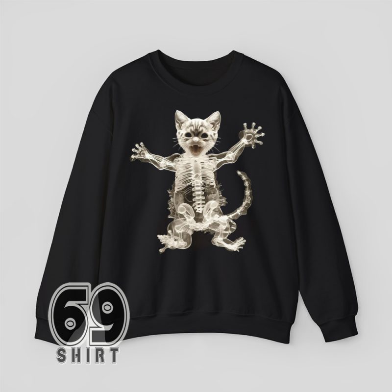 Cat anatomy printed sweatshirt with skeleton cat graphic, perfect for alt-style wardrobes