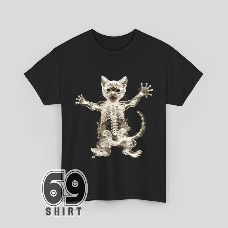 Funny cat anatomy skeleton graphic on black t-shirt for cat lovers and goth fashion fans