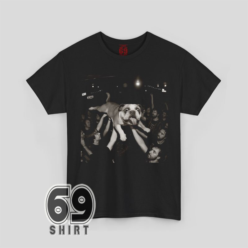 Funny English Bulldog crowd surfing at a punk rock concert printed on graphic T-shirt, hoodie, and sweatshirt for dog lovers