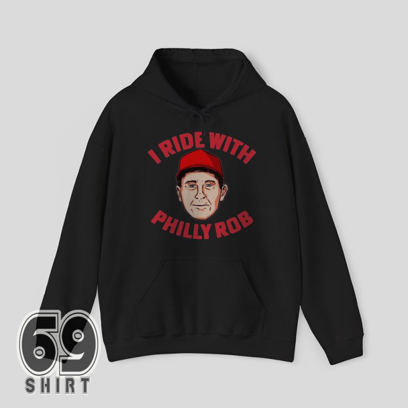Black hoodie with front print "I Ride With Philly Rob" – warm, stylish tribute to Philadelphia baseball.