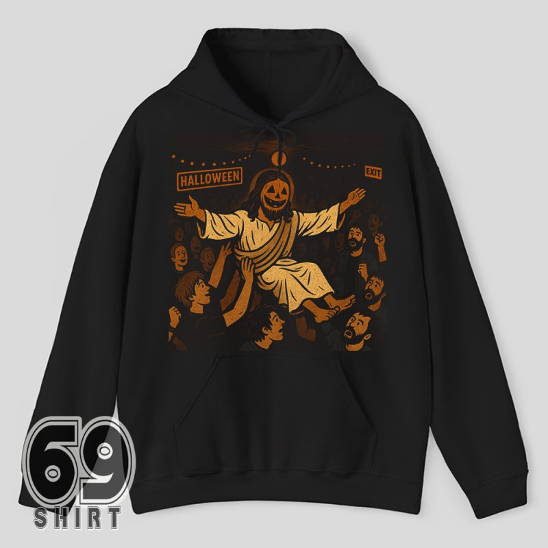 Graphic hoodie with partying Jesus illustration – funny Christian-themed Halloween costume style