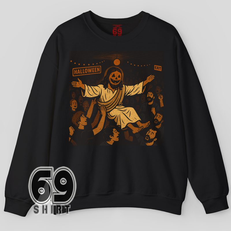 Jesus-themed Halloween sweatshirt with a humorous party design – edgy religious parody apparel