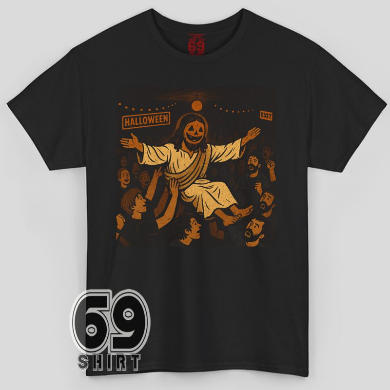 Funny Halloween T-shirt featuring a cartoon Jesus partying with sunglasses and glow sticks – holy costume graphic