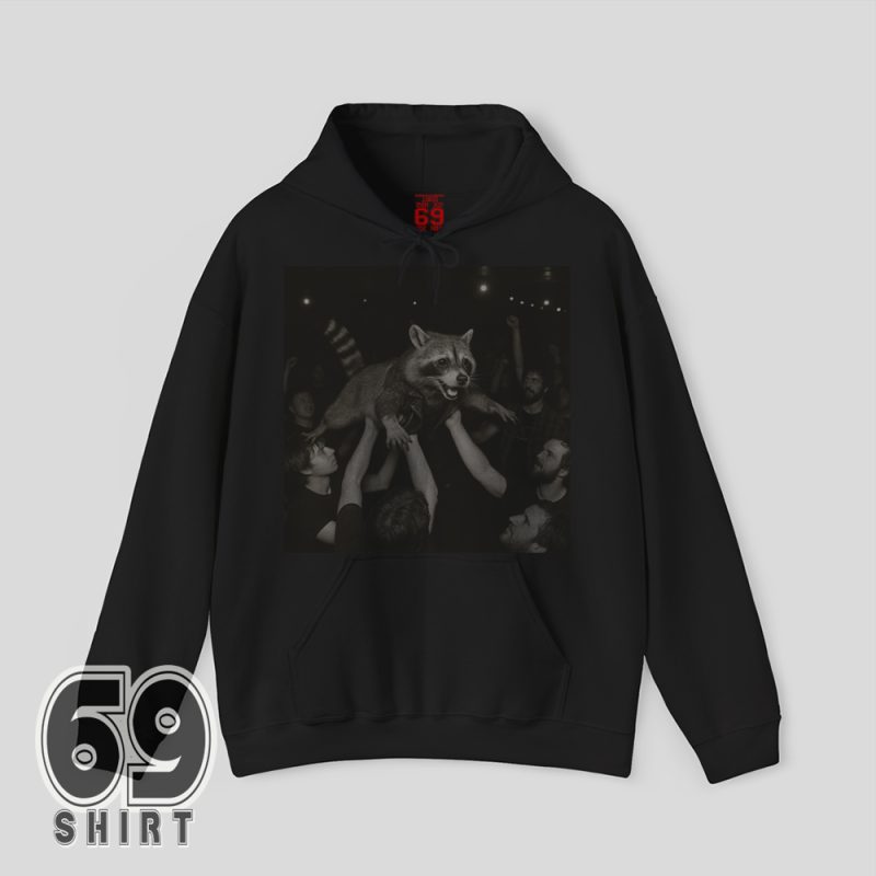 Party-themed raccoon crowd surfing hoodie – humorous alt-style animal graphic