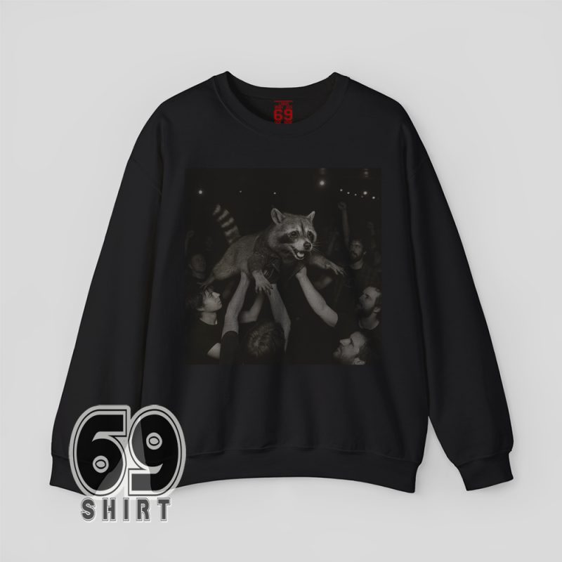 Raccoon mid-crowd-surf design on sweatshirt – edgy funny party streetwear