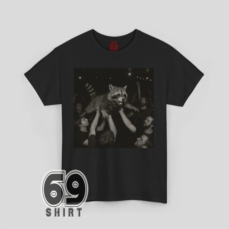 Funny raccoon crowd surfing printed on t-shirt – alt party animal graphic tee