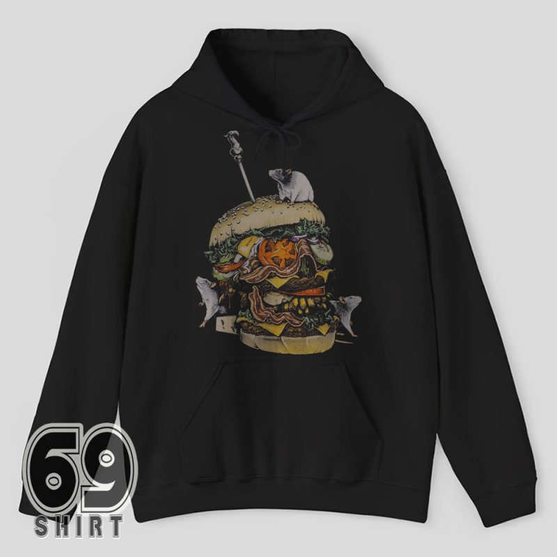 Edgy hoodie with grotesque burger skull, dripping cheese, and mischievous rats