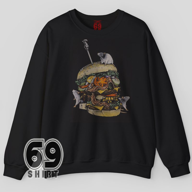 Dark humor sweatshirt with skull-faced burger, rats, and bacon layers