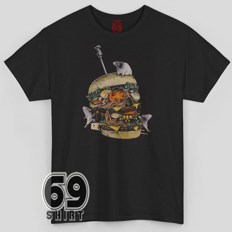 Graphic T-shirt featuring a grotesque skull burger with crawling rats, bacon, and cheese