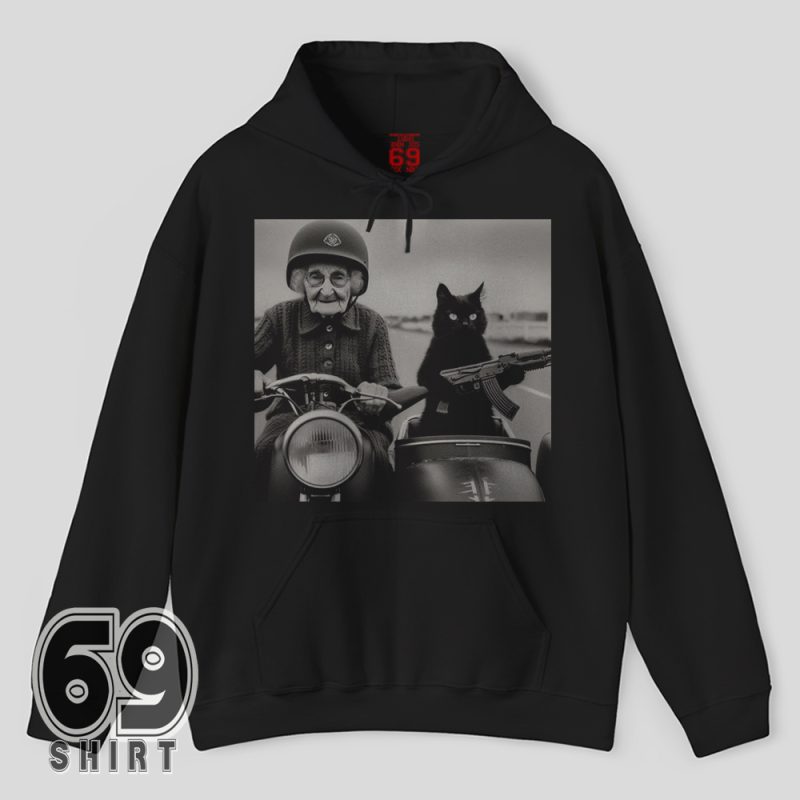 Graphic hoodie showcasing a fierce grandmother on a motorcycle with her armed black cat sidekick – unique and humorous streetwear design