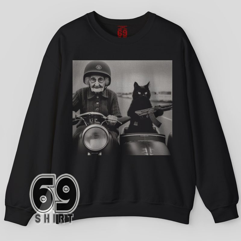 Comfy sweatshirt with a rebellious biker granny and her tough black cat companion holding a toy rifle – edgy and funny illustration