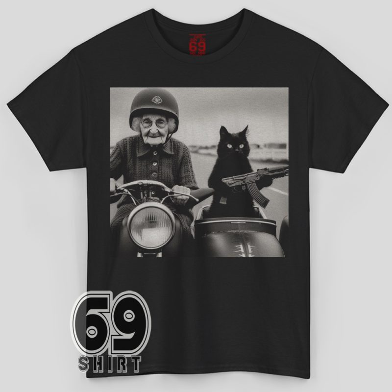 Funny graphic T-shirt featuring a biker granny riding a motorcycle with a serious black cat holding a toy rifle in the sidecar – bold and humorous design