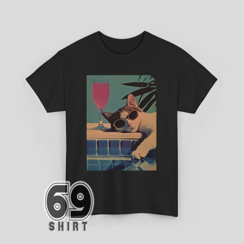 A relaxed cat wearing sunglasses lounging beside a pool with a pink drink, retro aesthetic with palm shadows in the background.