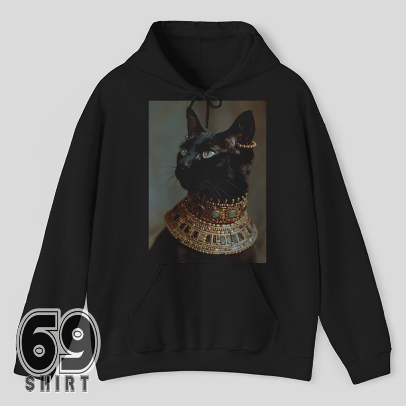 Hoodie with elegant Egyptian-style black cat illustration adorned in gold and turquoise jewelry, divine and powerful look