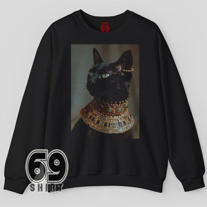 Cozy sweatshirt featuring majestic black cat in ancient Egyptian jewelry, inspired by Bastet goddess artwork