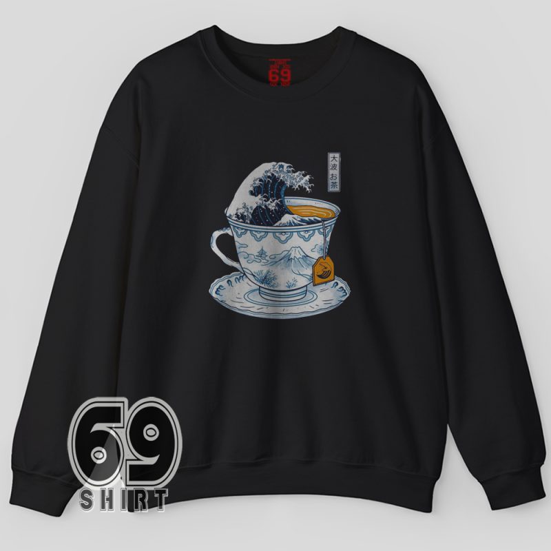 Sweatshirt design blending Hokusai wave with porcelain tea cup and mountain landscape
