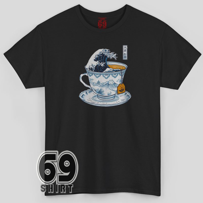 T-shirt featuring Japanese wave art inside a tea cup with Mount Fuji and tea bag tag