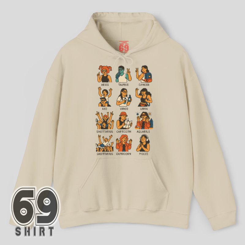 Hoodie with fun zodiac sign illustrations showing how each star sign parties at a festival