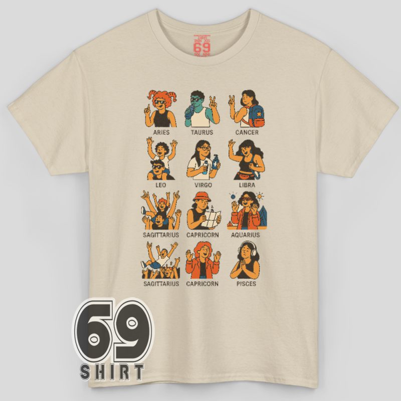 Festival-themed T-shirt with zodiac signs as party characters – astrology graphic design