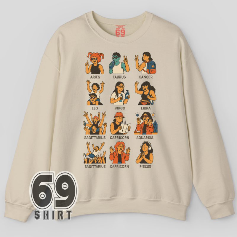 Cozy astrology sweatshirt featuring zodiac signs partying at a music festival