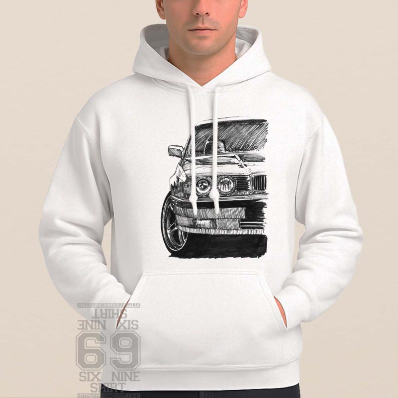 Black and white hand-drawn sketch of a BMW E34 front view with detailed headlights and bumper printed on Hoodie
