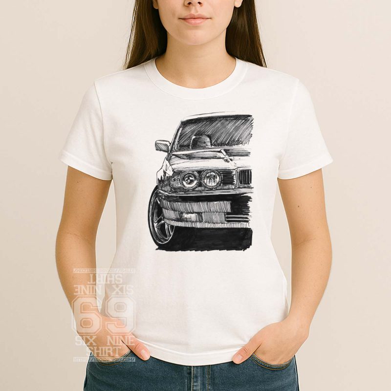 Black and white hand-drawn sketch of a BMW E34 front view with detailed headlights and bumper printed on Tee shirt