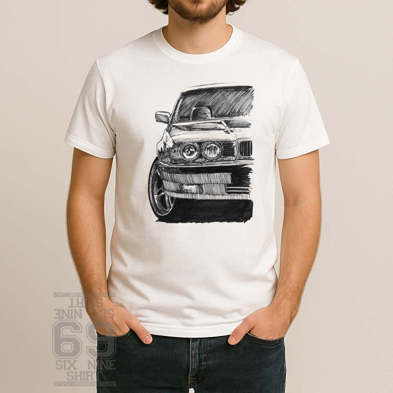 Black and white hand-drawn sketch of a BMW E34 front view with detailed headlights and bumper printed on shirt