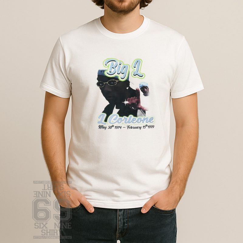 Big L tribute t-shirt with airbrush-style graphic, featuring his portrait, stage name “L Corleone,” and birth and death dates