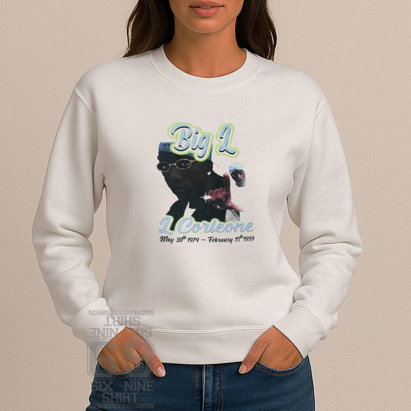 Big L tribute Sweatshirt with airbrush-style graphic, featuring his portrait, stage name “L Corleone,” and birth and death dates