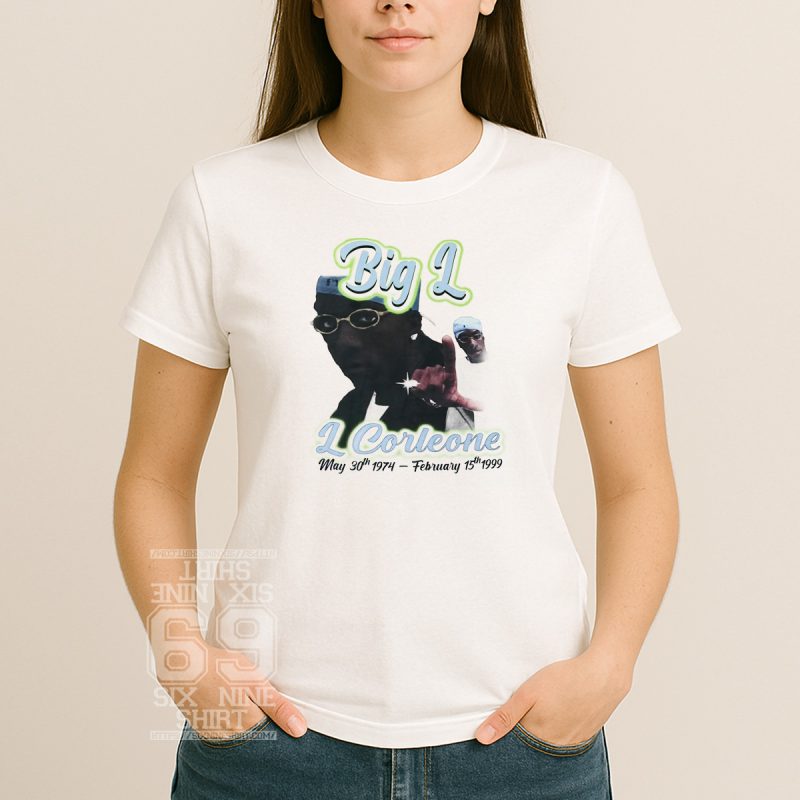 Big L tribute t-shirt with airbrush-style graphic, featuring his portrait, stage name “L Corleone,” and birth and death dates