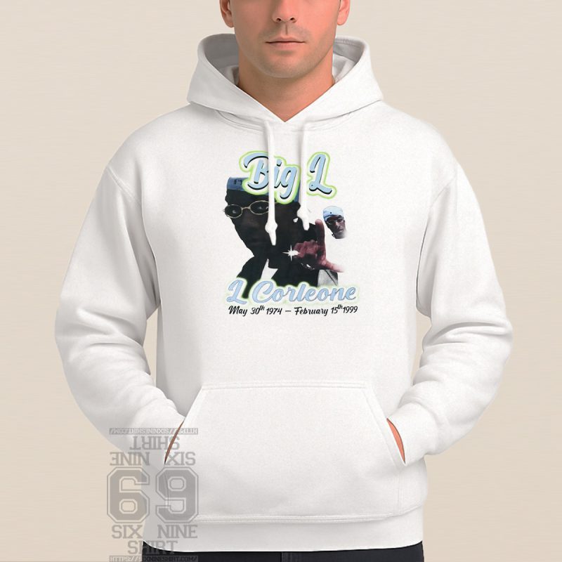 Big L tribute Hoodie with airbrush-style graphic, featuring his portrait, stage name “L Corleone,” and birth and death dates