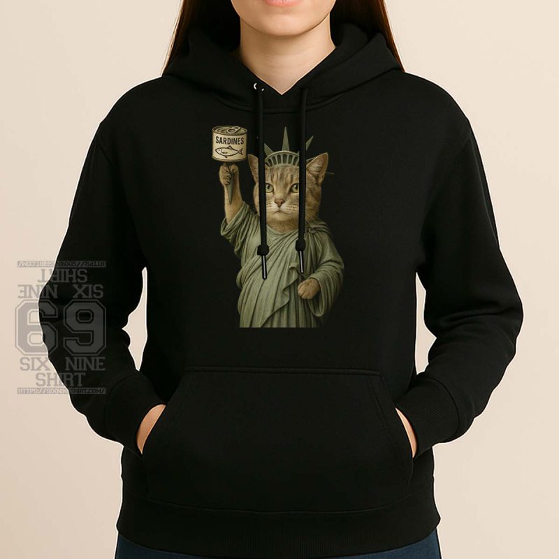Cat in Statue of Liberty costume holding sardine can, featured on a soft hoodie