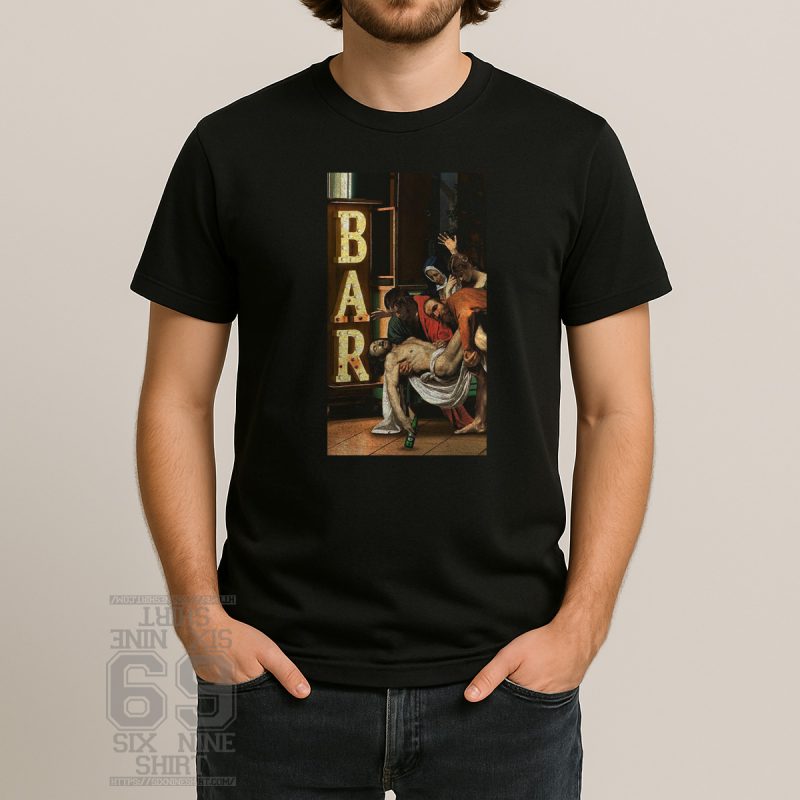 Men Black T-shirt featuring Classical painting parody with figures carrying a man under a glowing “BAR” sign, holding a beer bottle