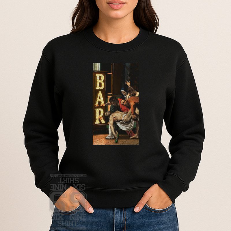 black sweatshirt featuring graphic design Classical painting parody with figures carrying a man under a glowing “BAR” sign, holding a beer bottle