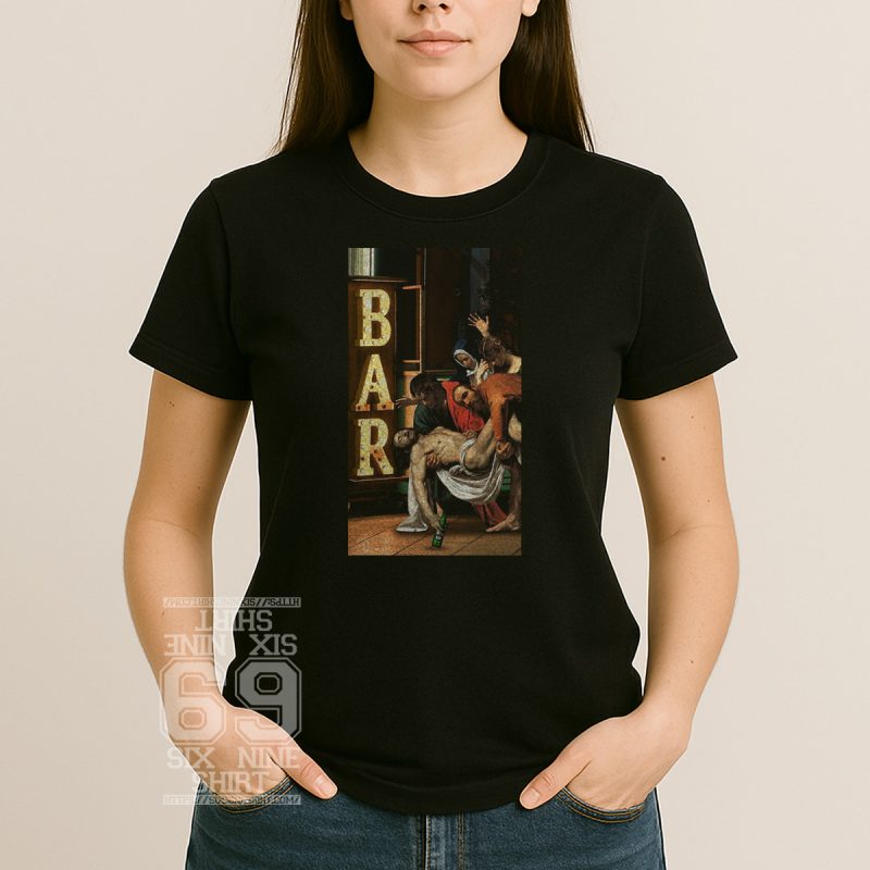 women black shirt feat Classical painting parody with figures carrying a man under a glowing “BAR” sign, holding a beer bottle