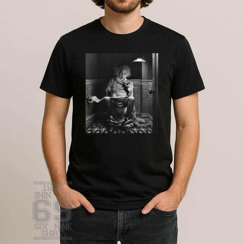 Black and white image of Albert Einstein sitting on a toilet, smoking a pipe, and writing equations on toilet paper