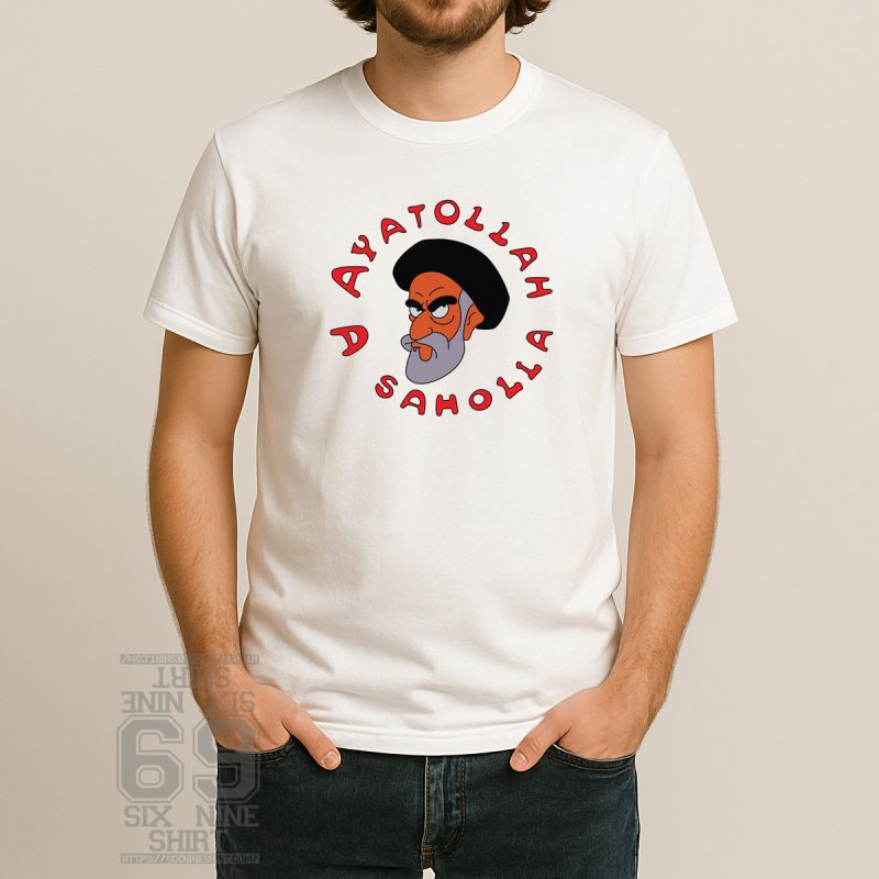 Cartoon Ayatollah parody graphic on vintage-style t-shirt, bold comic print