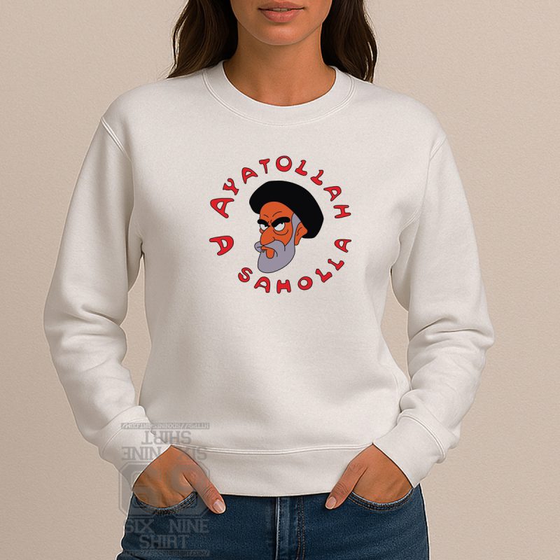 sweater Satirical 80s-themed graphic tee featuring Ayatollah Assahola character in black and white