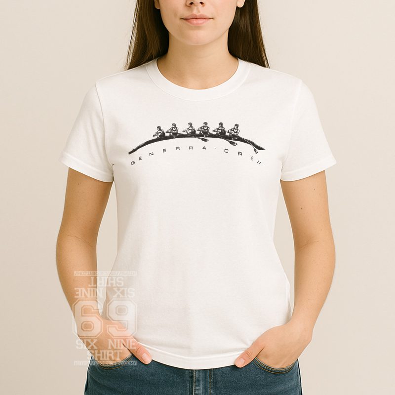 Minimalist rowing team graphic with six rowers and arched Generra Crew text on White shirt